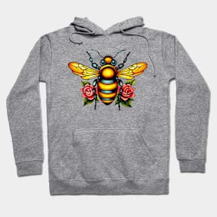 Vintage Bee and Roses Flash Tattoo Hoodie